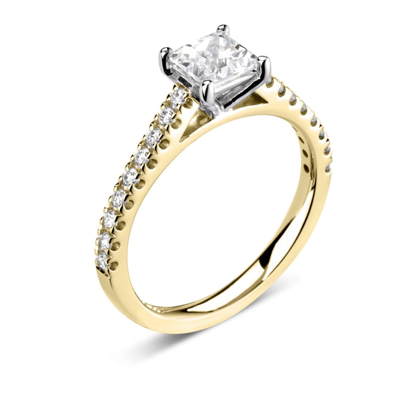 Harrogate Jewellers' Tapered Claw Set Princess Cut Diamond Engagement Ring with bespoke design, features a radiant earth mined diamond, set on a platinum band, against a white background.