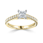 Harrogate Jewellers' Tapered Claw Set Princess Cut Diamond Engagement Ring, featuring a hand-selected, GIA-certified earth mined diamond, surrounded by smaller diamonds on a gold band.