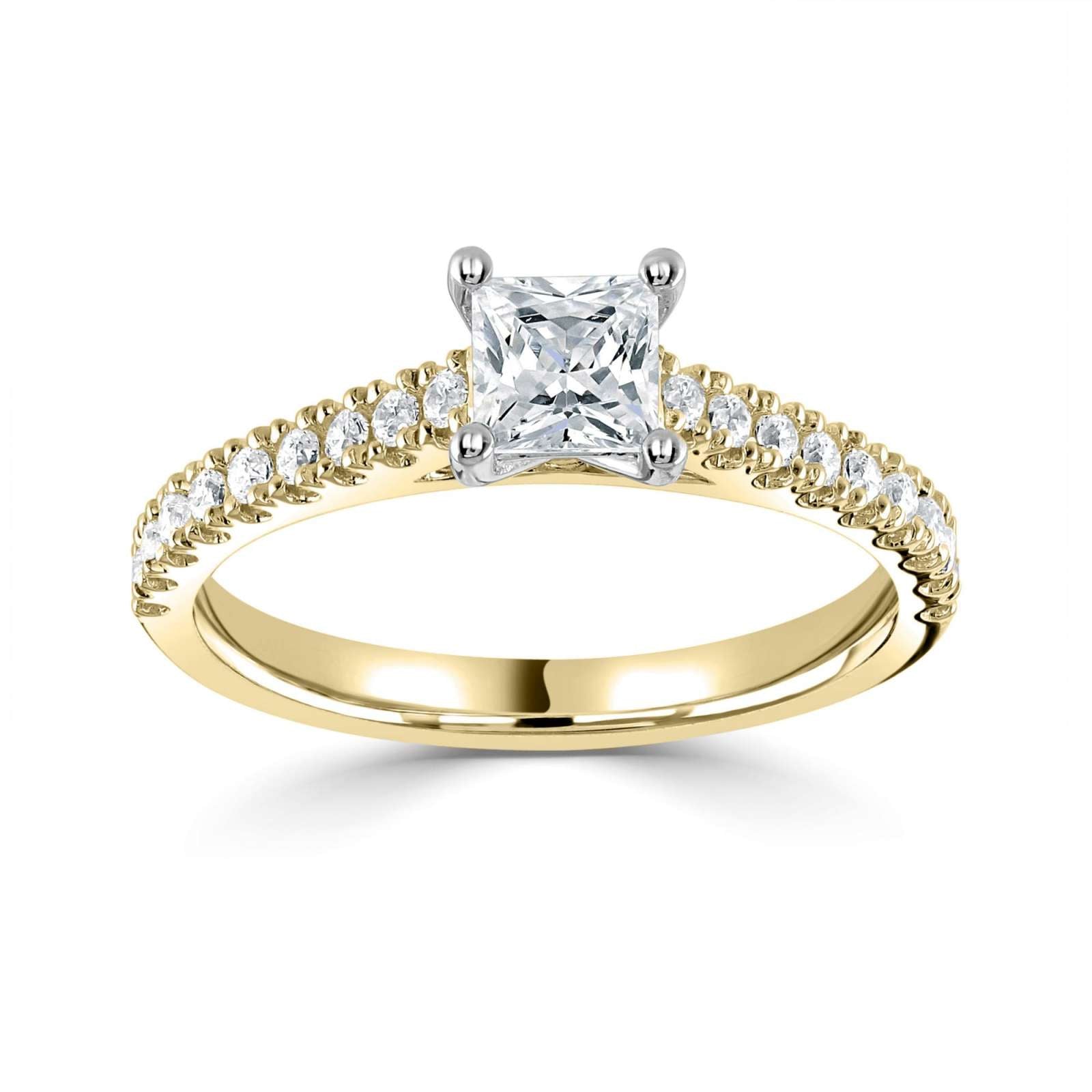 Harrogate Jewellers' Tapered Claw Set Princess Cut Diamond Engagement Ring, featuring a hand-selected, GIA-certified earth mined diamond, surrounded by smaller diamonds on a gold band.
