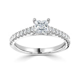Harrogate Jewellers Tapered Claw Set Princess Cut Diamond Engagement Ring. Platinum band with laboratory grown diamonds and Earth Mined Diamonds, bespoke jewellery in Yorkshire.