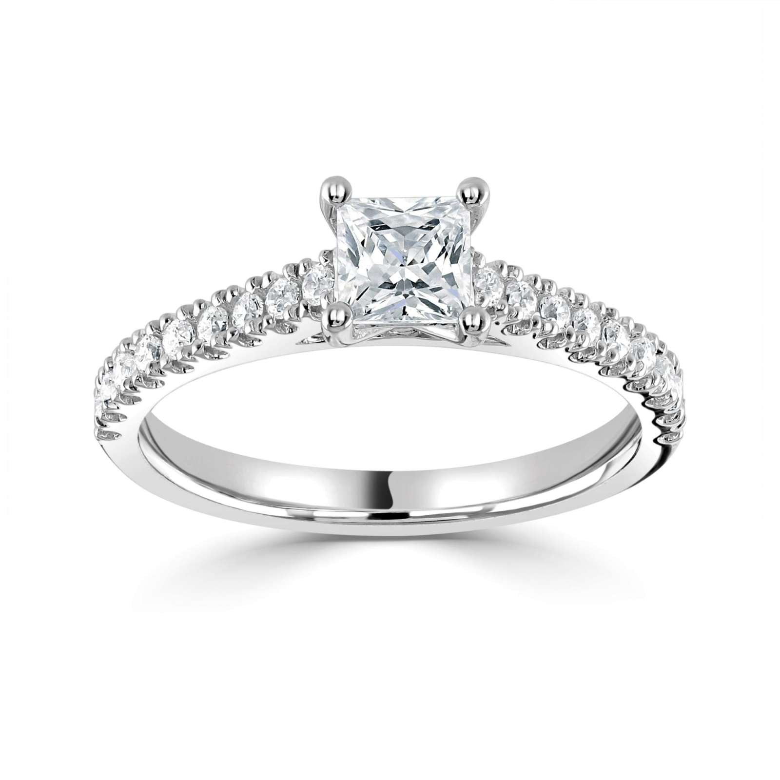 Harrogate Jewellers Tapered Claw Set Princess Cut Diamond Engagement Ring. Platinum band with laboratory grown diamonds and Earth Mined Diamonds, bespoke jewellery in Yorkshire.