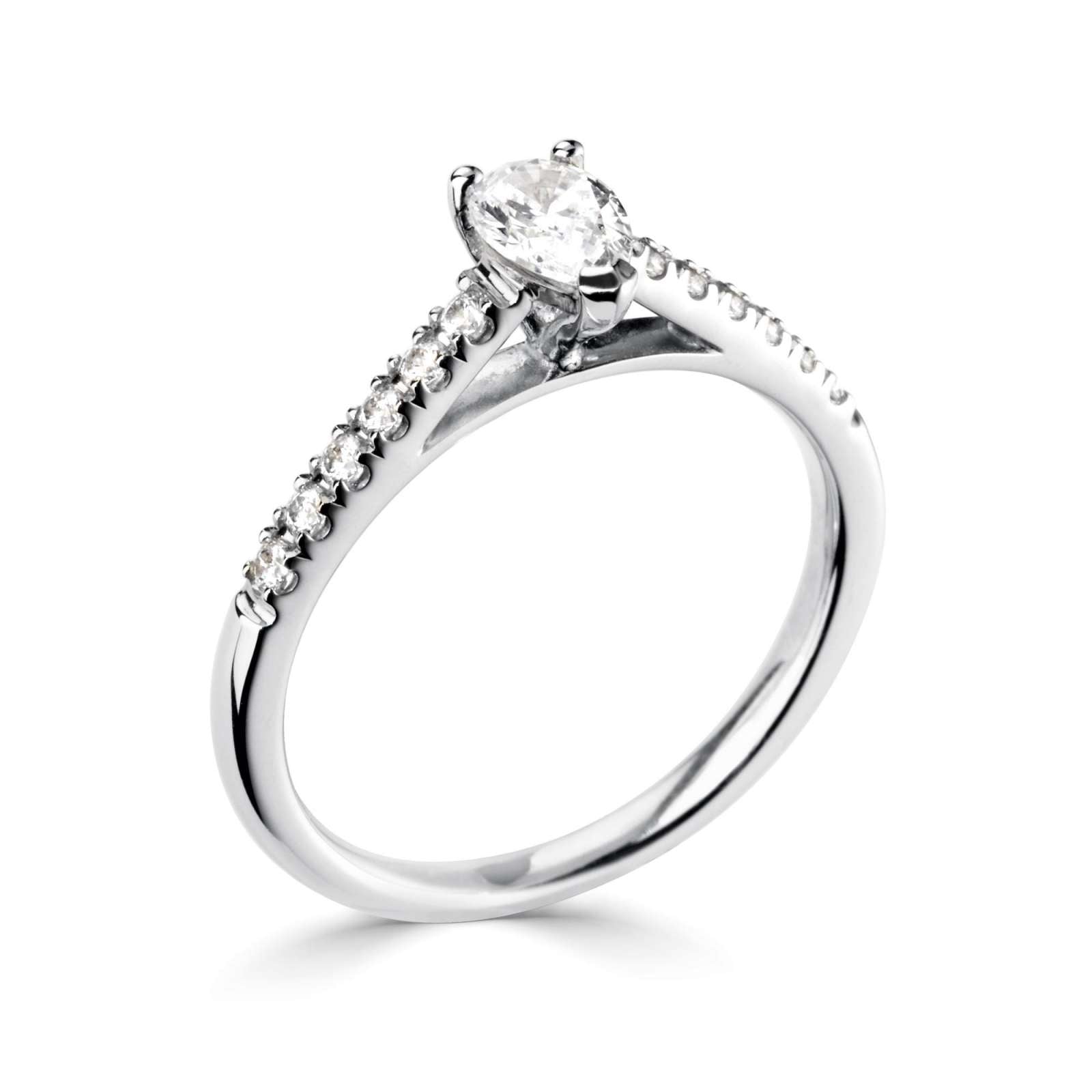 Harrogate Jewellers Tapered Claw Set Pear Cut Diamond Engagement Ring, made of platinum, featuring a central diamond and surrounding earth mined diamonds, ideal for bespoke Yorkshire wedding jewellery.