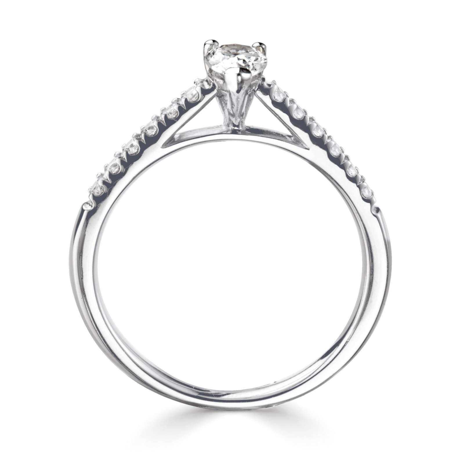 Harrogate Jewellers pear cut diamond engagement ring, with a tapered claw setting and diamond-set shoulders, made of platinum, a popular bespoke jewellery choice in Yorkshire.