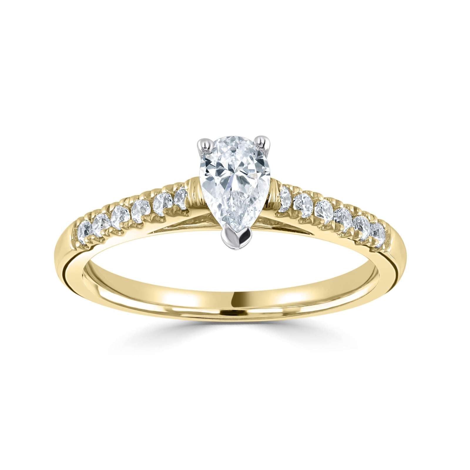 Tapered Claw Set Pear Cut Diamond Engagement Ring by Harrogate Jewellers, showcasing a central hand-selected diamond with smaller stones on platinum band, ideal for bespoke Yorkshire wedding jewellery.