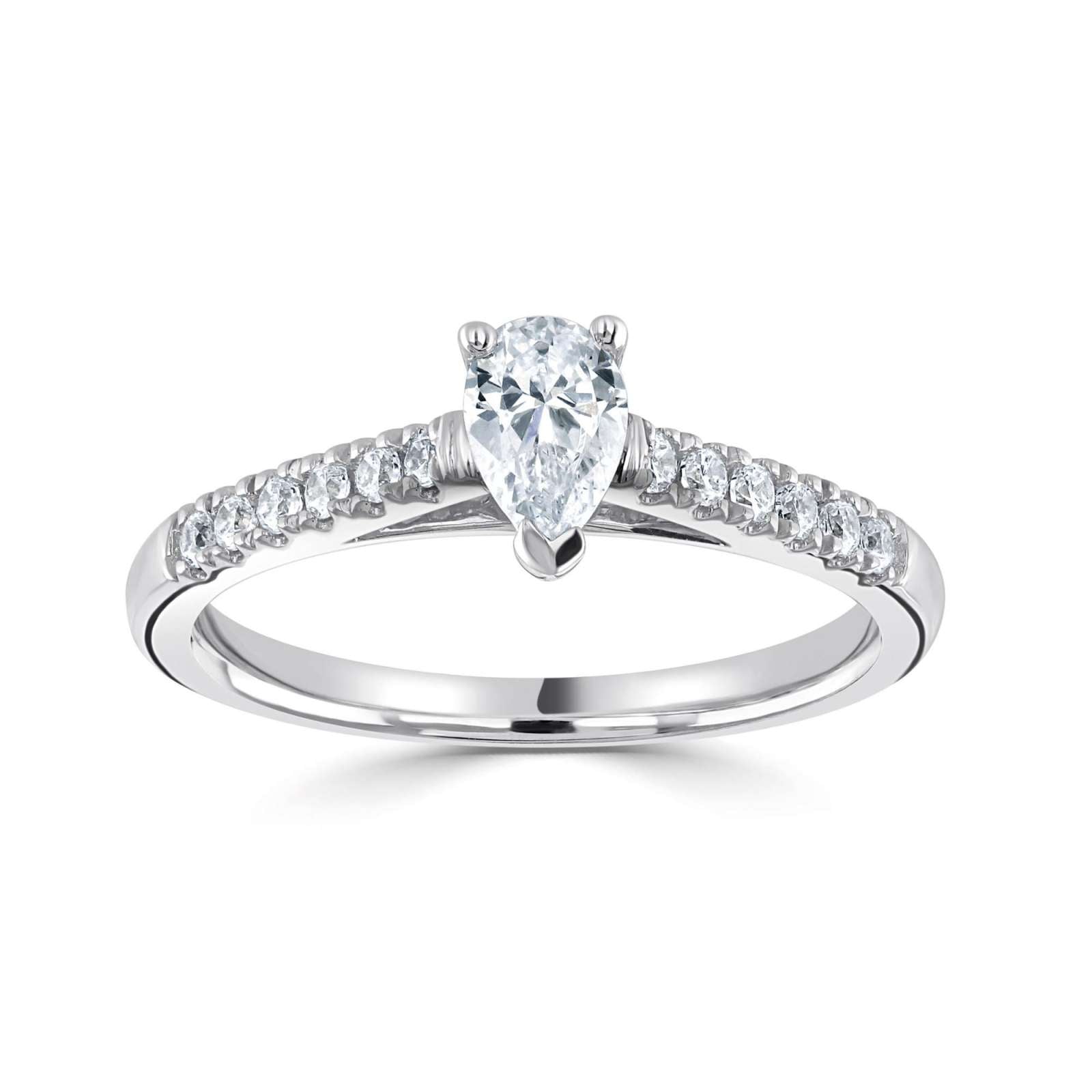 Harrogate Jewellers pear cut diamond engagement ring, showcasing a sparkling centre stone with tapered claw set diamonds on a platinum band, bespoke jewellery from Yorkshire.