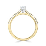 Harrogate Jewellers' 0.75ct oval cut diamond engagement ring with tapered diamond shoulders, crafted in white gold, displayed on a white background.