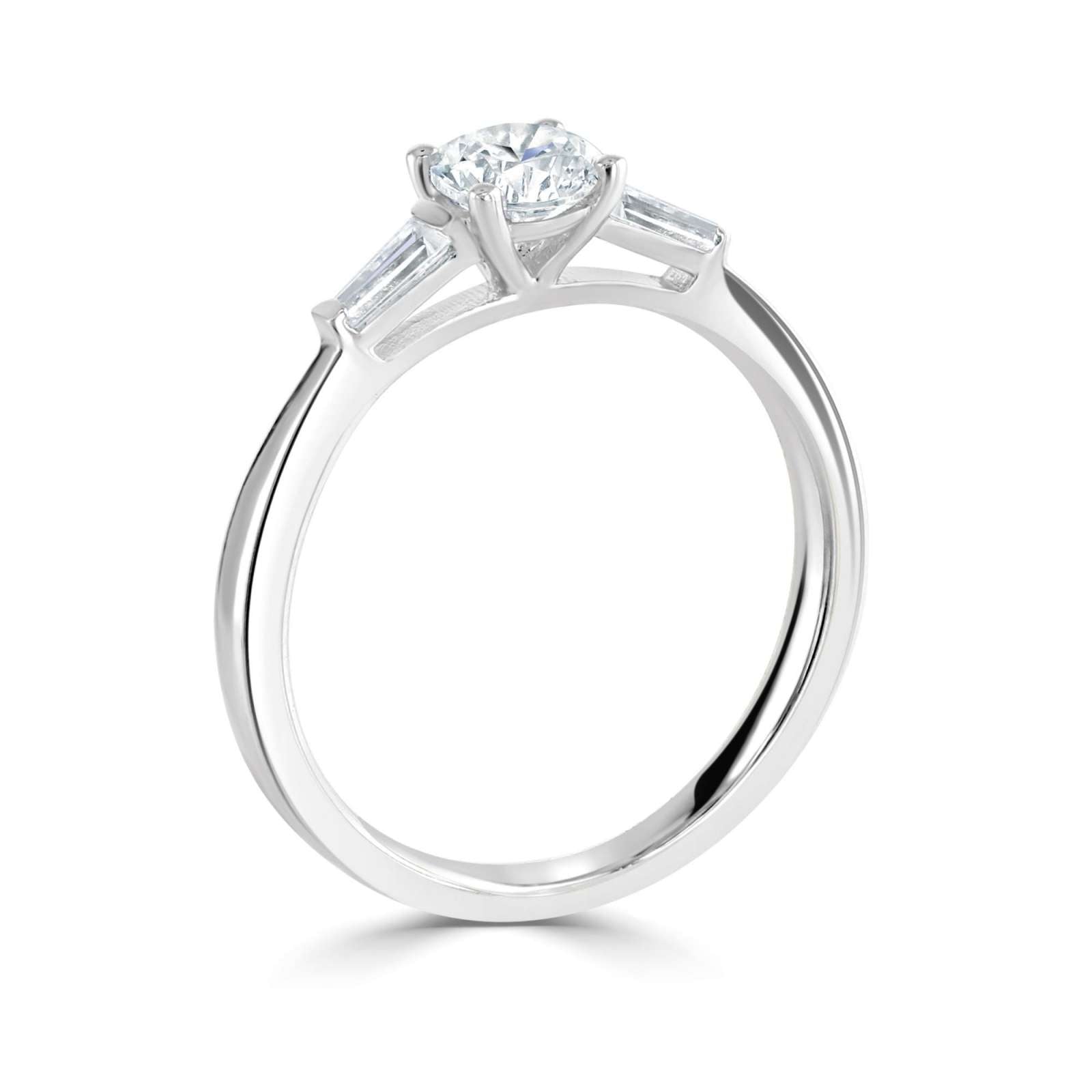 Round Brilliant Cut Tapered Baguette Cut Diamond Trilogy Ring 0.50ct by Harrogate Jewellers, a bespoke engagement ring with laboratory grown diamonds, set in platinum against a white background.