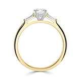 Harrogate Jewellers Round Brilliant Cut Tapered Baguette Cut Diamond Trilogy Ring 0.50ct, a platinum engagement ring with three earth mined diamonds on a white background