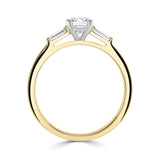 0.50ct Round Brilliant Cut Diamond Trilogy Ring by Harrogate Jewellers, with Tapered Baguette Cut side diamonds on a white gold band, Earth Mined in Yorkshire.