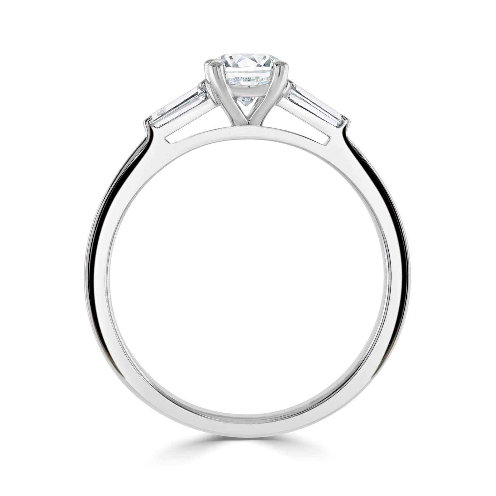 Harrogate Jewellers' 0.50ct Round Brilliant Cut Diamond Trilogy Ring, featuring tapered baguette cut diamonds on platinum band, perfect for engagement or bespoke jewellery.