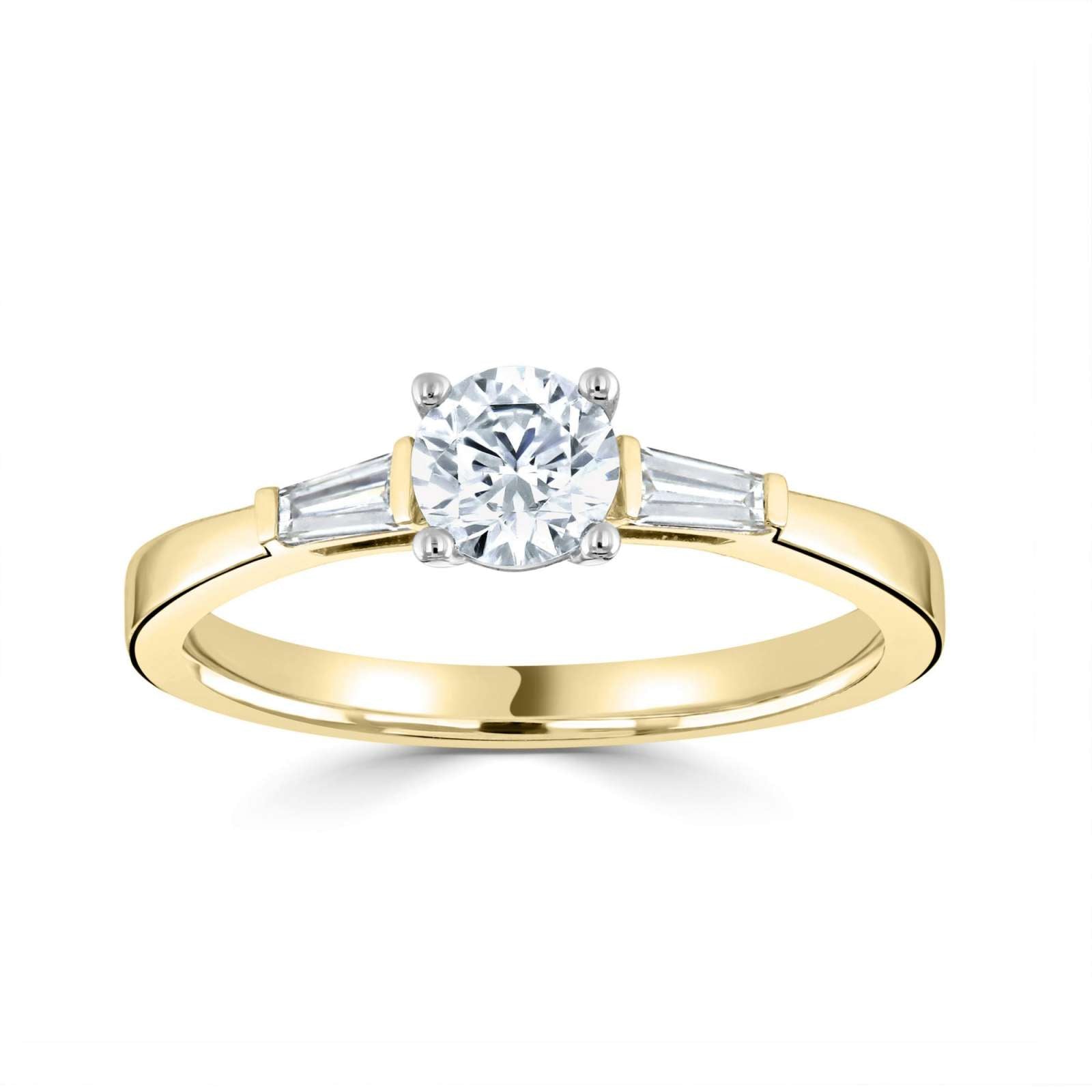 Harrogate Jewellers' Round Brilliant Cut Tapered Baguette Cut Diamond Trilogy Ring 0.50ct, a symbol of past, present, future. Featuring a prominent centre stone with two flanking diamonds on a platinum band.
