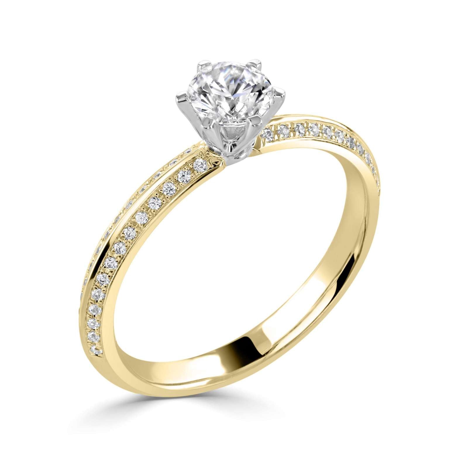 Harrogate Jewellers diamond set knife-edge engagement ring, featuring a brilliant round cut diamond, encrusted with Earth Mined Diamonds, on a platinum band against a white background.