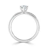 Harrogate Jewellers' Knife-Edge Round Brilliant Cut Diamond Engagement Ring, featuring a six-claw solitaire diamond and rows of natural earth mined diamonds on a platinum band.