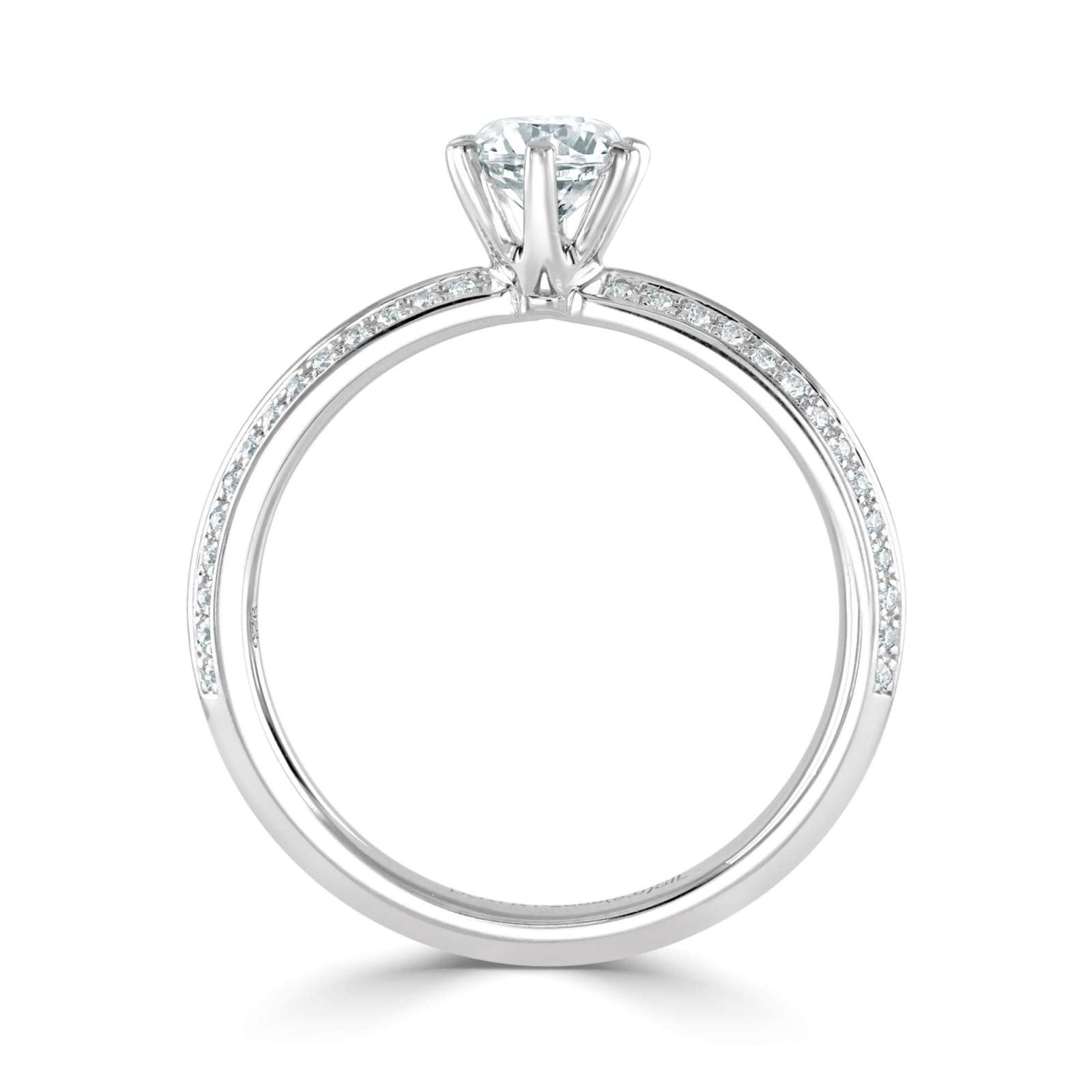 Harrogate Jewellers' Knife-Edge Round Brilliant Cut Diamond Engagement Ring, featuring a six-claw solitaire diamond and rows of natural earth mined diamonds on a platinum band.