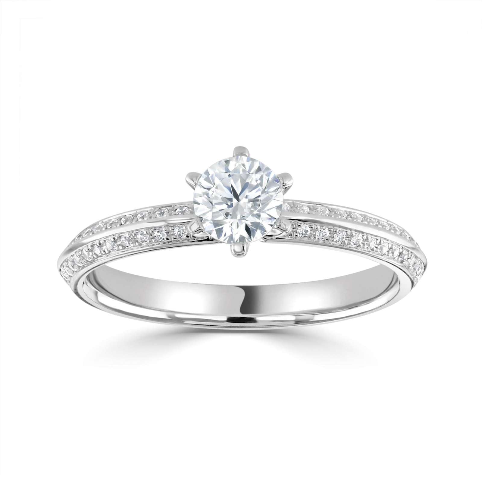 Harrogate Jewellers' Diamond Set Knife-Edge Engagement Ring, Round Brilliant Cut, adorned with Earth Mined Diamonds, available in Platinum or White Gold.