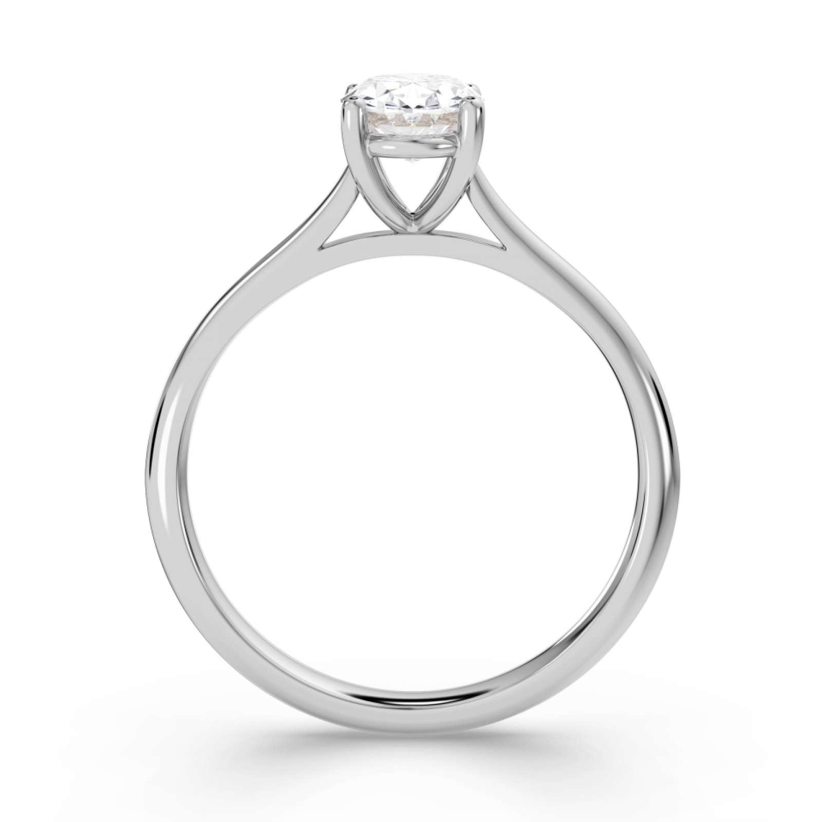 Harrogate Jewellers' classic oval cut solitaire diamond engagement ring, set in white gold, against a white background. Earth mined diamond with a natural shine, bespoke jewellery from Yorkshire.
