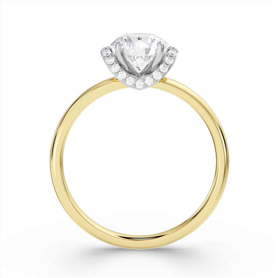 Round Brilliant Cut Solitaire Diamond Set Collar Engagement Ring by Harrogate Jewellers, featuring a central diamond and encircling smaller diamonds, crafted from white gold.