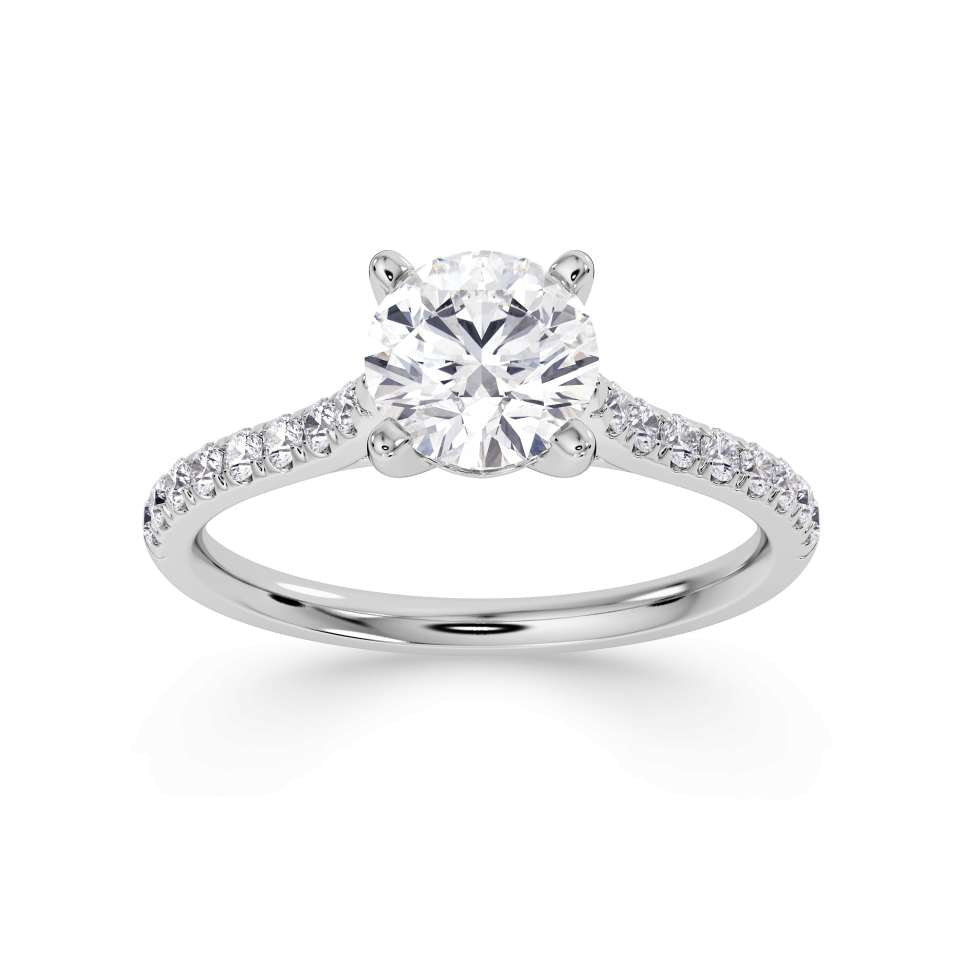 Harrogate Jewellers Tapered Claw Set Round Brilliant Cut Diamond Engagement Ring in Platinum, featuring a 1.00ct laboratory grown, earth mined diamond, set against a white background. Ideal for bespoke wedding rings in Yorkshire.