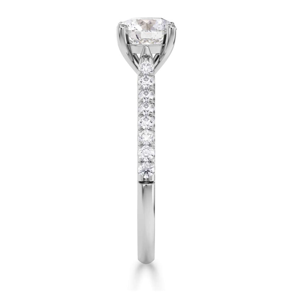 Tapered Claw Set Round Brilliant Cut Diamond Engagement Ring 1.00ct by Harrogate Jewellers, a platinum band adorned with diamonds against a white background, bespoke jewellery in Yorkshire