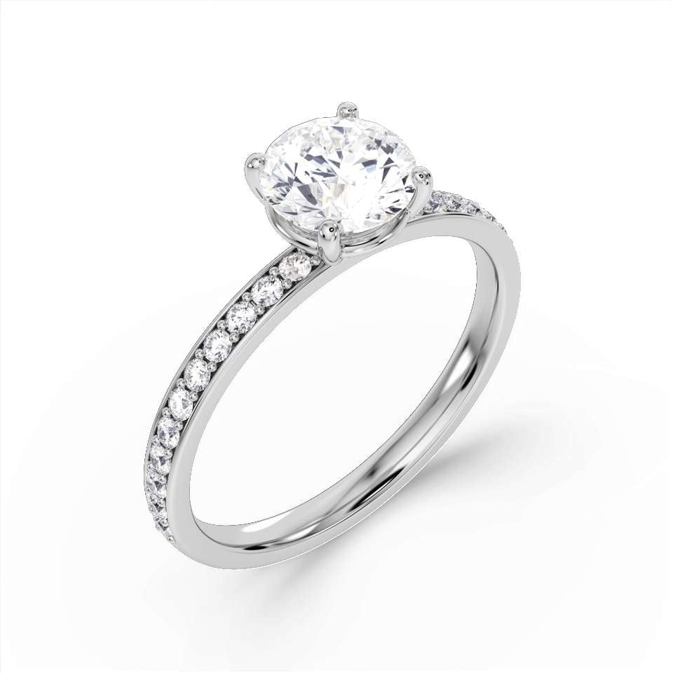 Round Brilliant Cut Diamond Engagement Ring with Grain Set Shoulders from Harrogate Jewellers, showcasing a large central diamond and smaller surrounding diamonds on a platinum band, designed for bespoke jewellery lovers in Yorkshire.