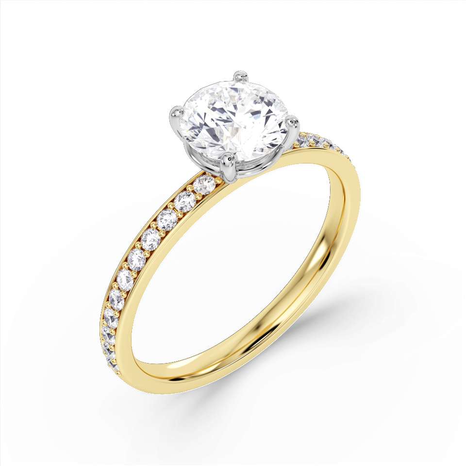 Harrogate Jewellers Round Brilliant Cut Diamond Engagement Ring with Grain Set Shoulders, featuring a natural, earth mined diamond, set in white gold, against a white background.