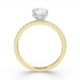 Harrogate Jewellers' Round Brilliant Cut Diamond Engagement Ring with Grain Set Shoulders, featuring a central Earth Mined Diamond and smaller side stones on a white gold band, displayed on a white background.