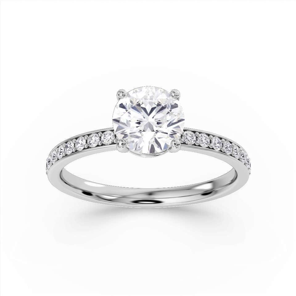 Round Brilliant Cut Diamond Engagement Ring with Grain Set Shoulders by Harrogate Jewellers, featuring a central earth-mined diamond, side-stones and platinum band.