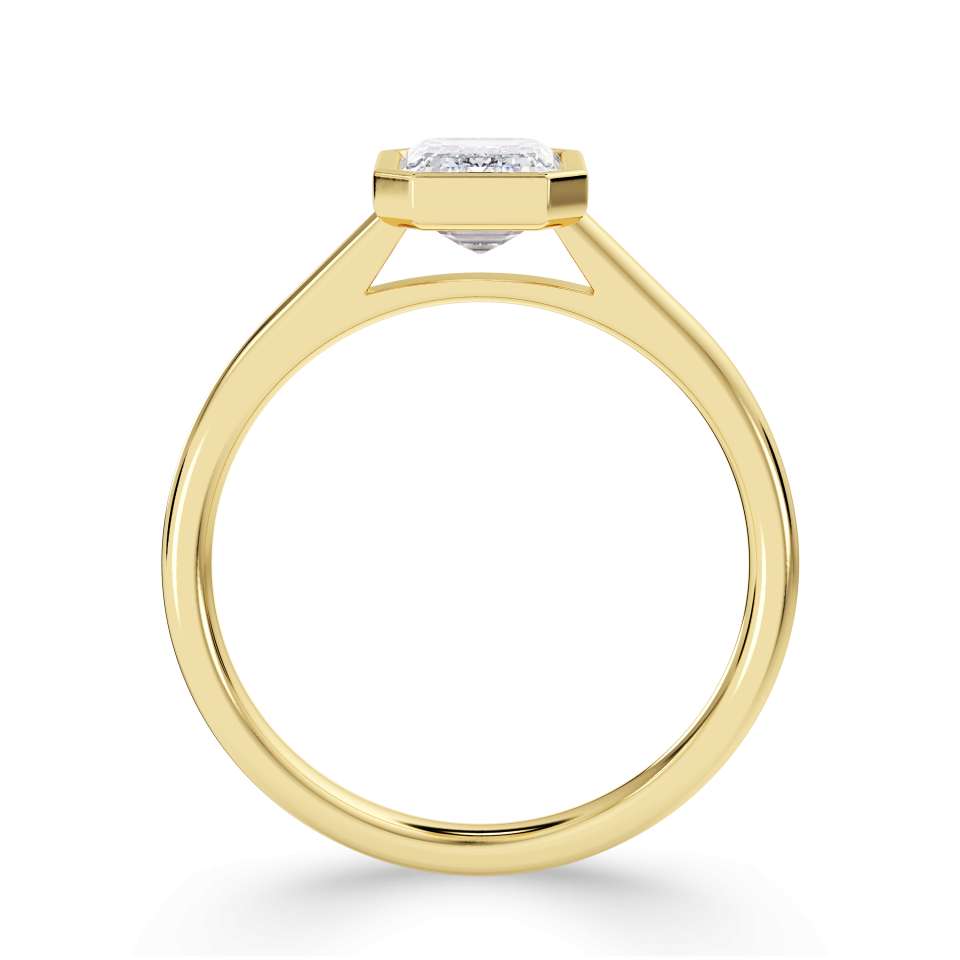 Harrogate Jewellers Emerald Cut Solitaire Diamond Engagement Ring, bezel set in platinum, featuring a laboratory-grown, earth-mined diamond, bespoke jewellery in Yorkshire