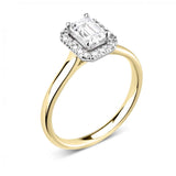 Emerald Cut Claw Set Diamond Halo Engagement Ring by Harrogate Jewellers, a bespoke jewellery piece showcasing lab grown diamonds, popular in Harrogate, Yorkshire.
