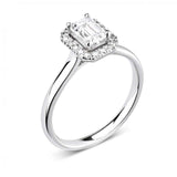Emerald Cut Claw Set Diamond Halo Engagement Ring by Harrogate Jewellers, bespoke jewellery in Harrogate, Yorkshire. Lab grown diamonds in wedding rings design.