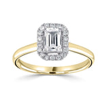 Emerald Cut Claw Set Diamond Halo Engagement Ring by Harrogate Jewellers, a bespoke Yorkshire jewellery piece featuring lab grown diamonds set in a gold ring, ideal for weddings.