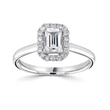 Emerald Cut Claw Set Diamond Halo Engagement Ring by Harrogate Jewellers, a bespoke jewellery piece featuring a lab grown diamond, perfect for wedding in Yorkshire.