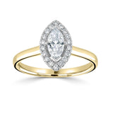 Marquise cut claw set diamond halo engagement ring by Harrogate Jewellers, showcasing lab grown diamonds on a delicate gold band, bespoke jewellery from Yorkshire.