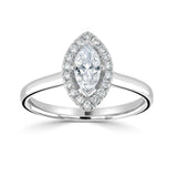Marquise Cut Claw Set Diamond Halo Engagement Ring from Harrogate Jewellers, a bespoke jewellery piece featuring lab grown diamonds and set against a white background, ideal for weddings in Yorkshire.