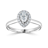 Pear cut lab grown diamond engagement ring by Harrogate Jewellers, halo set with smaller diamonds, bespoke jewellery design from Yorkshire.