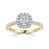 Cushion cut diamond halo shoulder set engagement ring by Harrogate Jewellers, with a prominent centre stone and diamond-set band, against a white background.