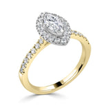 Marquise Cut Diamond Halo Engagement Ring by Harrogate Jewellers, showcasing lab grown diamonds set in a gold band, bespoke jewellery in Yorkshire