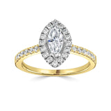 Marquise Cut Diamond Halo Shoulder Set Engagement Ring by Harrogate Jewellers, showcasing a large central lab grown diamond surrounded by smaller diamonds on a gold band, bespoke jewellery piece from Yorkshire.