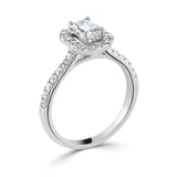 Harrogate Jewellers Emerald Cut Diamond Halo Shoulder Set Engagement Ring, featuring a large Earth Mined Diamond, surrounded by a halo of smaller diamonds on a platinum band.