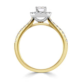 Emerald Cut Diamond Halo Shoulder Set Engagement Ring by Harrogate Jewellers, featuring a prominent diamond encircled by smaller stones on a white gold band.