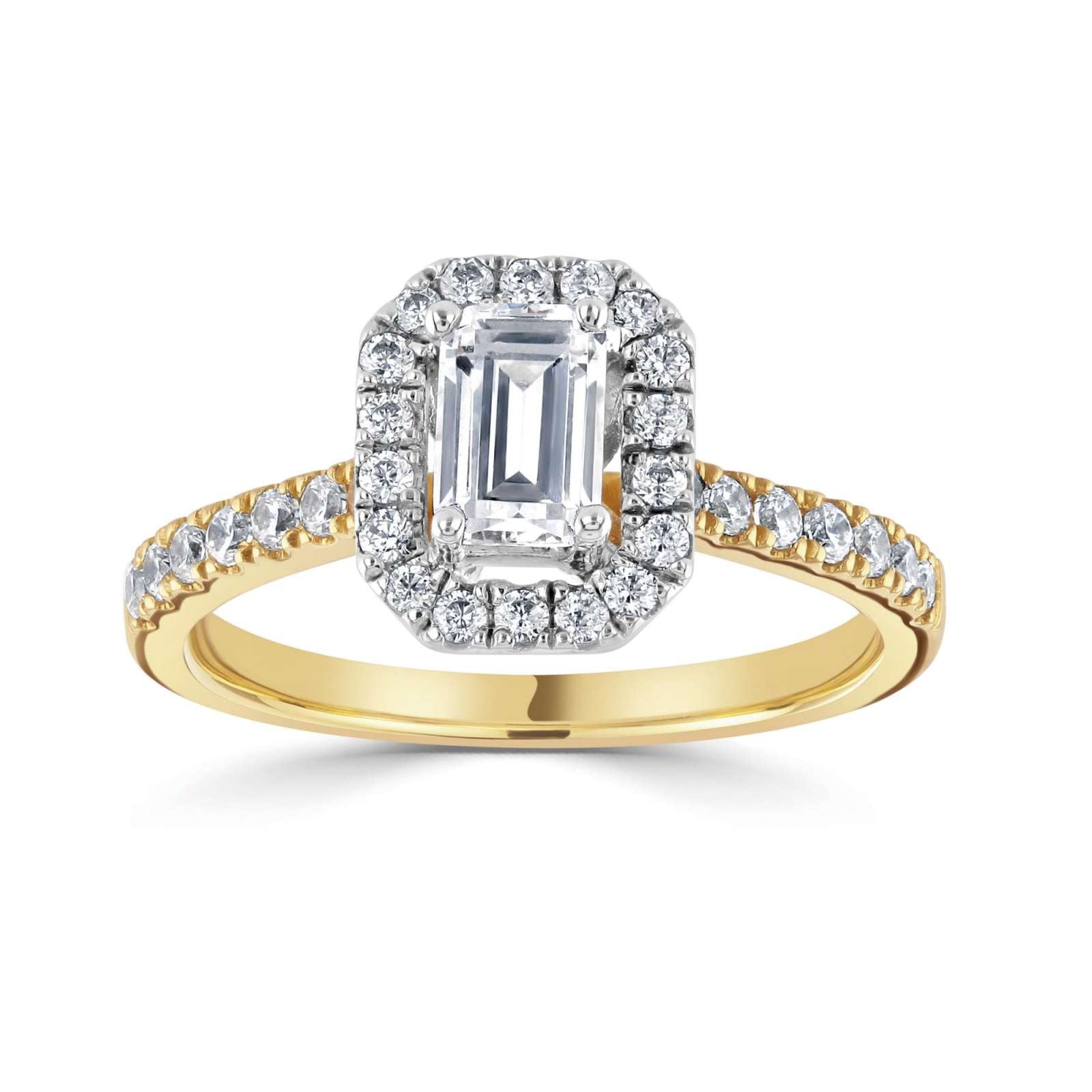 Emerald Cut Diamond Halo Shoulder Set Engagement Ring by Harrogate Jewellers, a bespoke Yorkshire jewellery piece featuring a large central diamond surrounded by smaller ones on a platinum band.