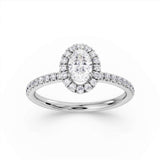 Oval cut diamond engagement ring by Harrogate Jewellers with a halo shoulder set design, 1.00ct, crafted for bespoke jewellery lovers in Yorkshire.